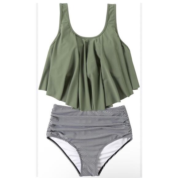 OMKAGI Womens Ruffle Tankini Swimsuit High Waist Striped Bottoms‎ Swimwear XXL - Picture 1 of 11